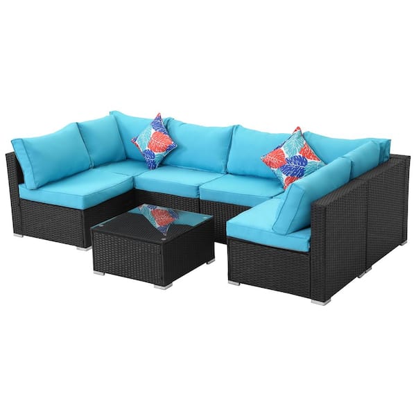 Unbranded 7-Piece Black Wicker Outdoor Sectional Set with Blue Cushions and Coffee Table