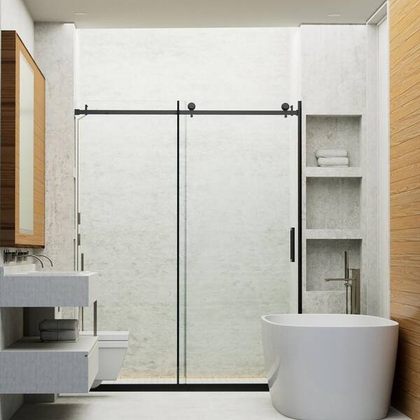 Staykiwi 60 in. W x 76 in. H Sliding Semi-Frameless Shower Door in Matte Black Finish with Patterned Glass
