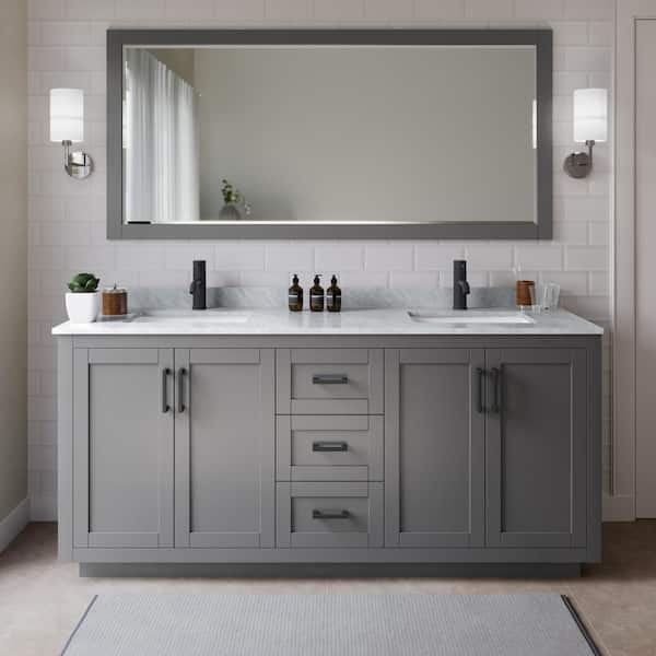 Wyndham Collection Miranda 72 in. W Double Bath Vanity in Dark Gray with Marble Vanity Top in White Carrara with White Basins and Mirror