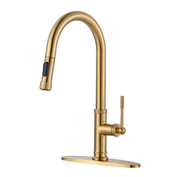 VEVETTA 17 in. Single Handle Metal Pull Down Sprayer Kitchen Faucet with 360° Swivel Spout and Supply Hoses in Brushed Gold