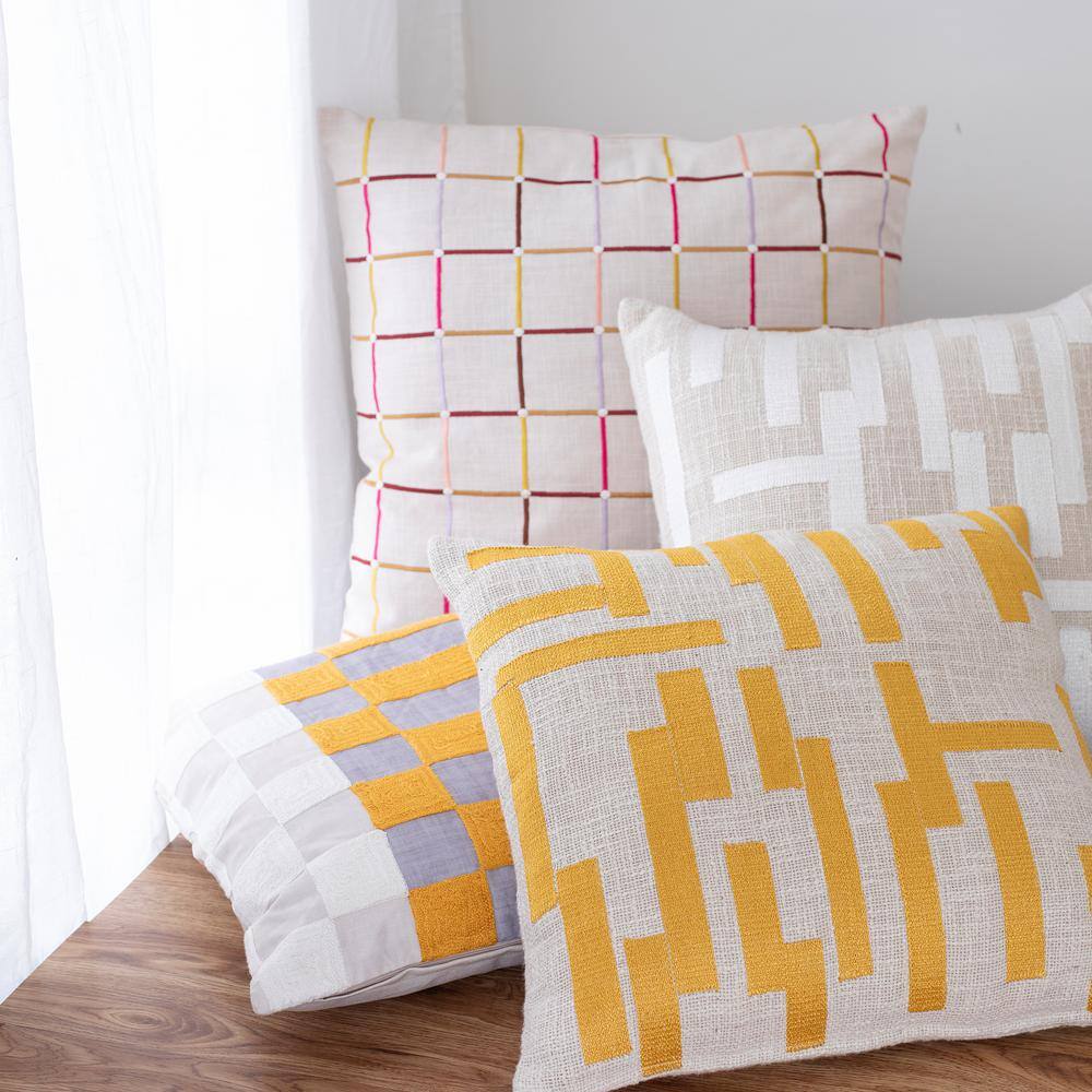 Ivory Cotton Blend Embroidered Square Throw Pillow 20" x 20"
