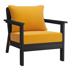 Birchwood Outdoor Patio Deep Seating HDPE Plastic Lounge Chair in Black with Yellow Cushions