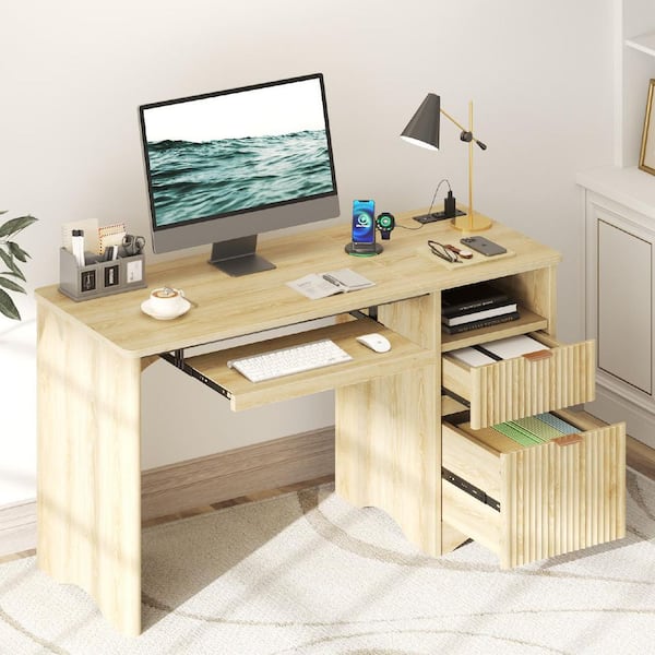 Bestier 55 in. Natural Oak Fluted Computer Desk with Power Outlets