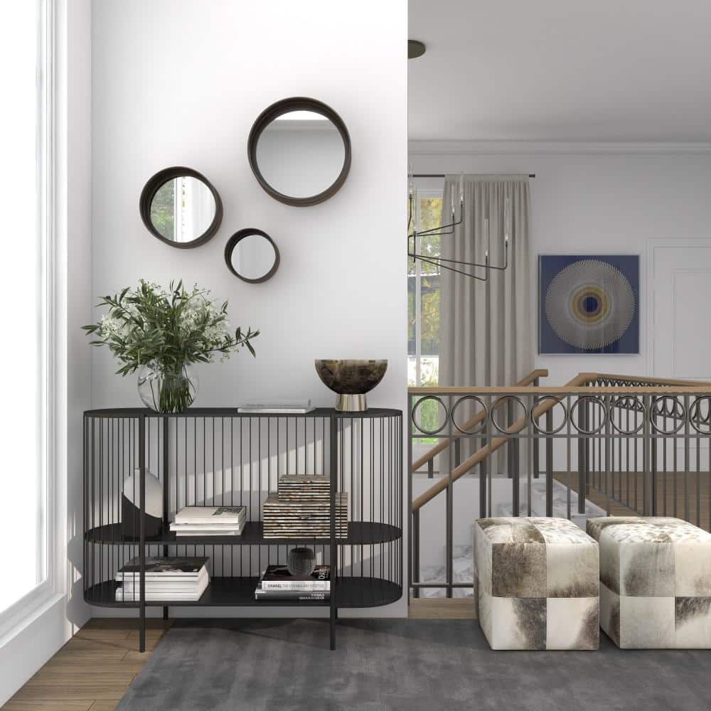 Set of 3 Round Bronze and Wood Wall Mirrors