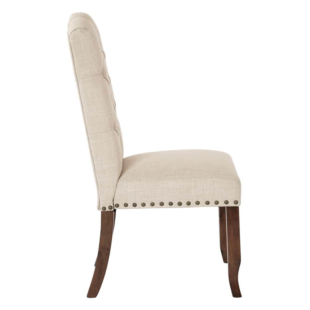 Linen Cream Tufted High Back Side Chair with Wood Legs