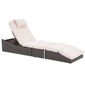 Brown Wicker Folding Outdoor Chaise Lounge Recliner with Beige Cushions, 5 Adjustable Back Positions (1-Pack)