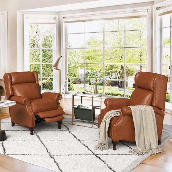 Balderich Mid-Century 35 in. Camel Genuine Leather Recliner Armchair with Nailhead Accents (Set of 2)