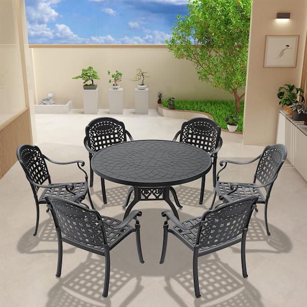 BTMWAY 7-Piece Cast Aluminum Patio Furniture Conversation Set Outdoor Dining Set with Random Color Cushions
