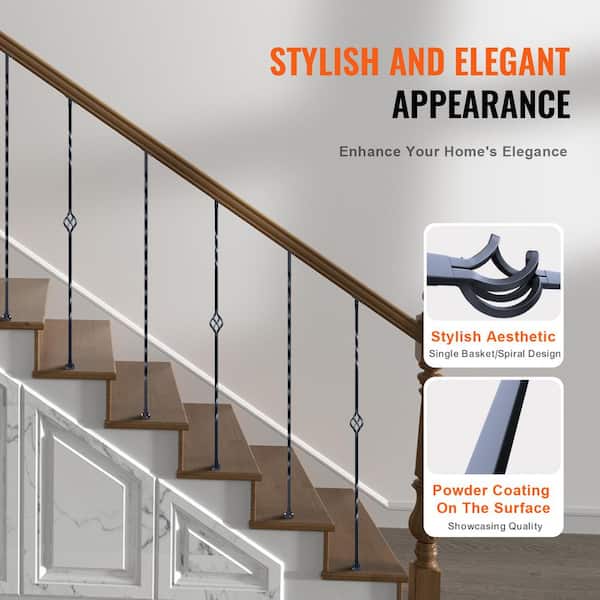 VEVOR 44 in. H x 2.2 in. W Black Galvanized Steel Spindles Stair Railing Kit Deck Baluster with Hollow Single Baskets