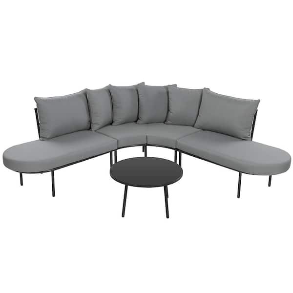 Unbranded 4-Piece Half-Moon Curved Metal Outdoor Sectional Set with Gray Cushions and Coffee Table