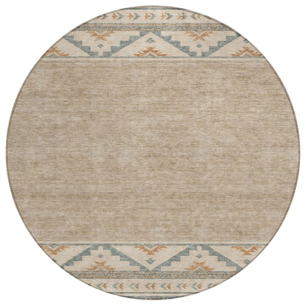 Chantille Machine Washable Indoor/Outdoor Abstract ACN3075 Linen 8 ft. x 8 ft. Round Rug
