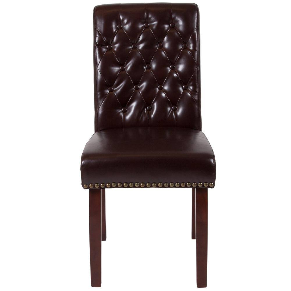 Brown Leather Parsons Side Chair with Walnut Finish