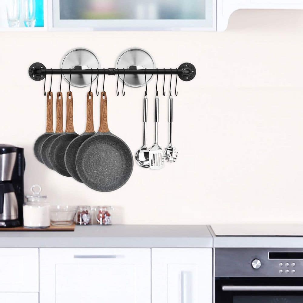 Pot Rack Rail Numhew 31.5 in. Black Wall Mounted Pot Rack with 14-Hooks, Detachable ...