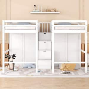 Double Twin Loft Beds with Wardrobes and Staircase, White