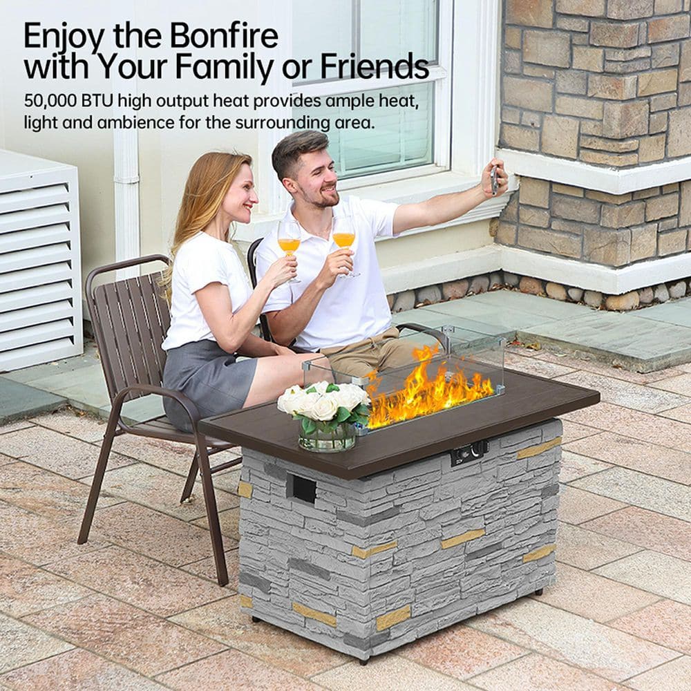 43" Gray Stone Propane Fire Pit Table with Glass Wind Guard