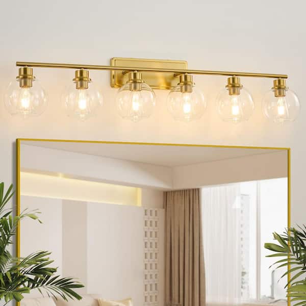 45.27 in. 6-Light Gold Bathroom Vanity Light with Clear Globe Glass Shade