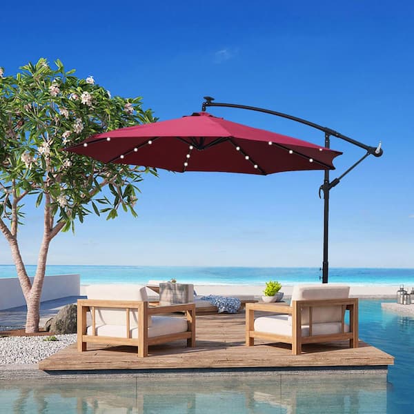 SUNRINX 10 ft. Steel Market Solar Tilt Patio Umbrella in Burgundy with 24 LED Lights
