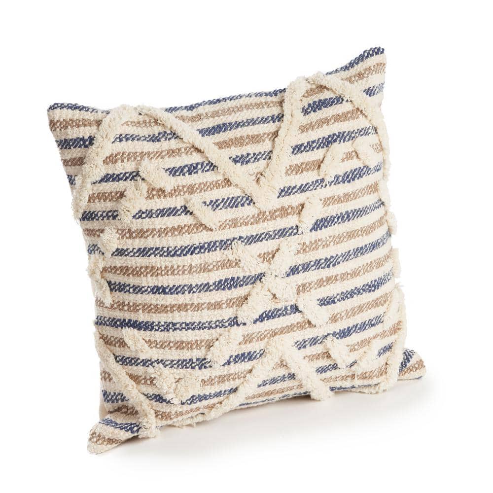 Oscar Blue and Natural Cotton Diamond Tufted Throw Pillow Set, 18" x 18"