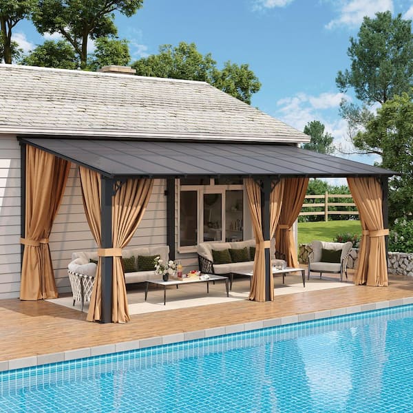 20 ft. x 10 ft. Wall-Mounted Sloped Roof Hardtop Gazebo with Polycarbonate Panels with Netting and Curtain