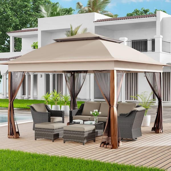 Beige Steel Portable Pop-Up Gazebo with Mosquito Netting 11 ft. x 11 ft.