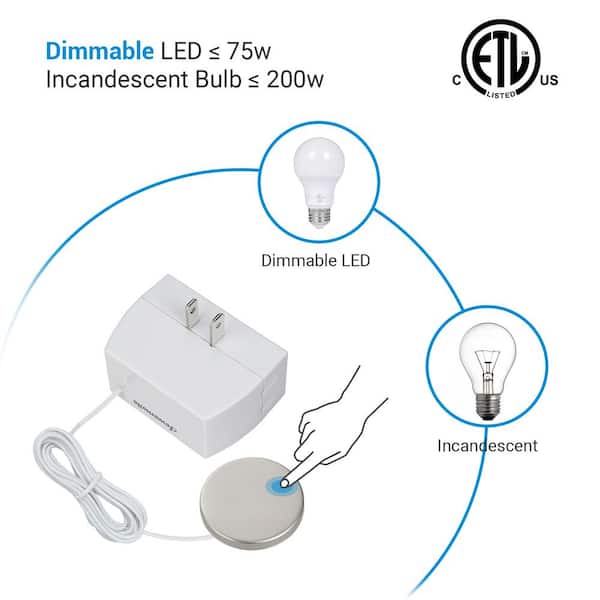 White 8 ft. Extension Cord Touch Dimmer Switch, Touch Pad Control with 3-Levels of Dimming ETL Listed (2-Pack)