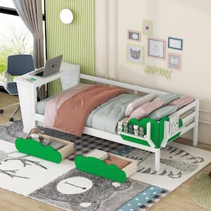 White Twin Size Daybed with Desk, Green Leaf Shape Drawers and Shelves