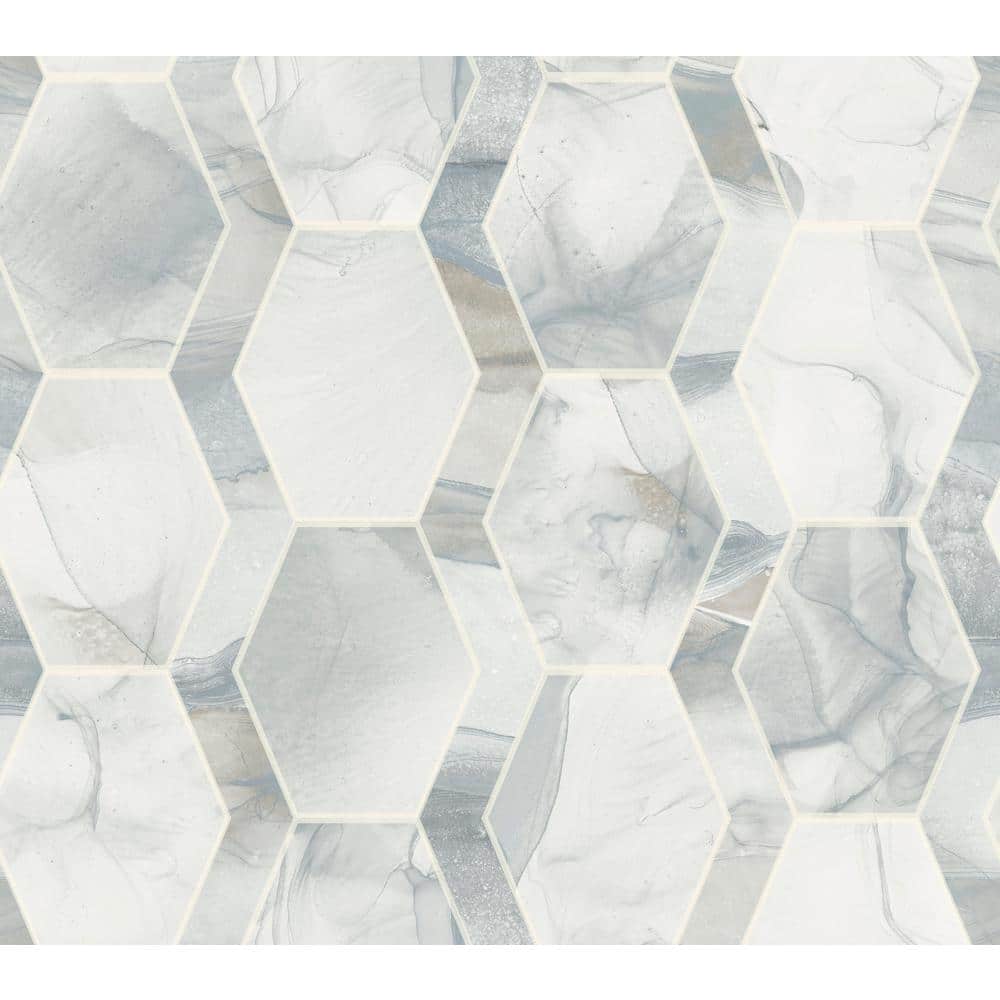 Blue and Gray Hexagon Marble Wallpaper Double Roll