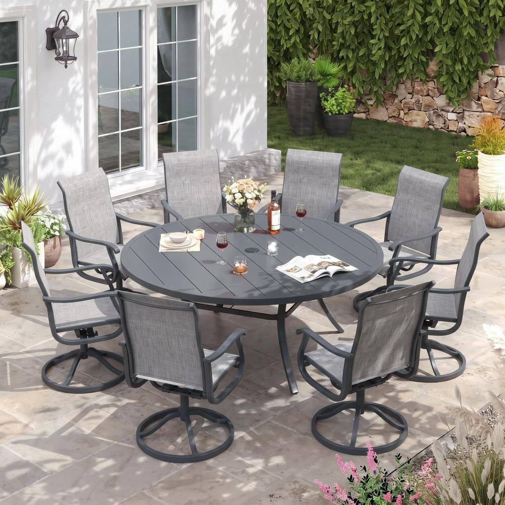 9-Piece Metal Outdoor Patio Dining Set with Round Table and High Back Padded Textilene Swivel Chairs in Gray price history on PriceWatchPro