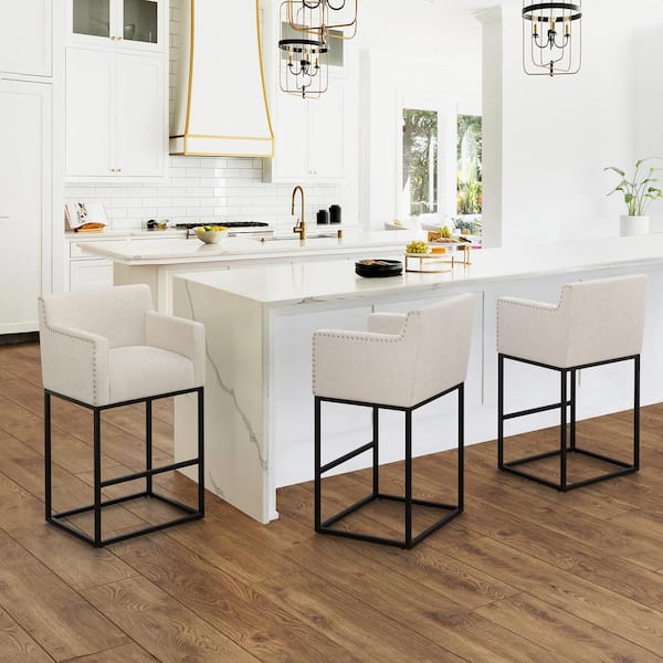LUE BONA Luna 30 in. Linen Fabric Upholstered Counter Bar Stool with Black Metal Frame Square Counter Stool Set of 3