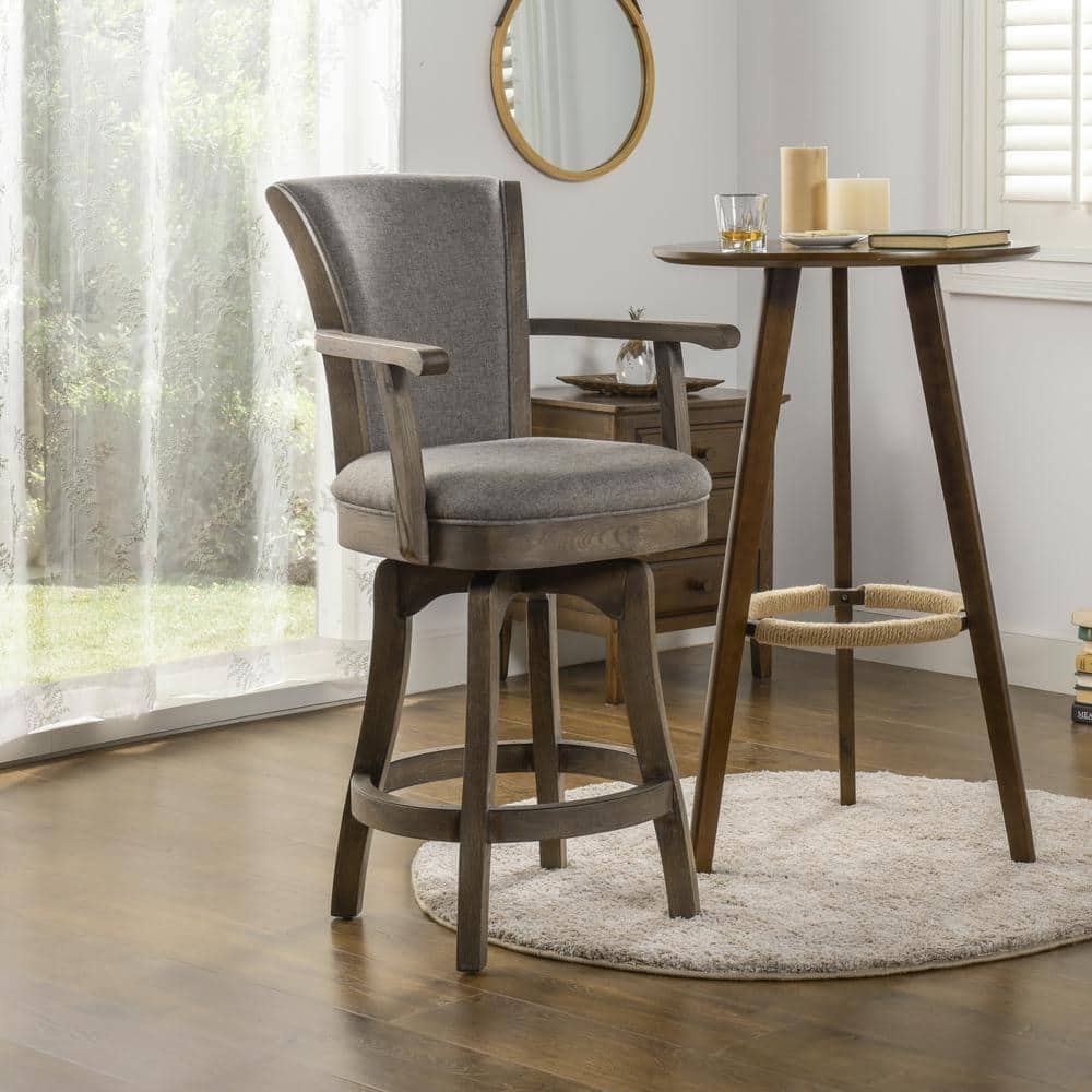 Vintage Chic Gray Leather & Oak Swivel Bar Stool with Brass Accents