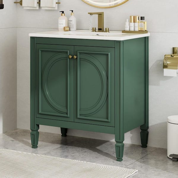 30 in. W x 18.3 in. D x 33.7 in. H Single Sink Freestanding Bath Vanity in Green with White Ceramic Top and Cabinet