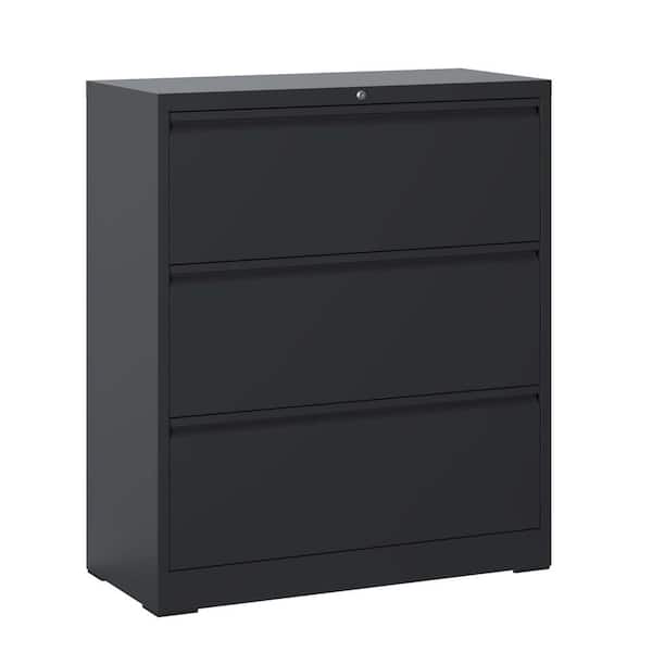 Unbranded 3-Drawer Black Metal 35.43 in. W. Lateral File Cabinet with Lock, Home Office Hanging File Letter/Legal/F4/A4 Size
