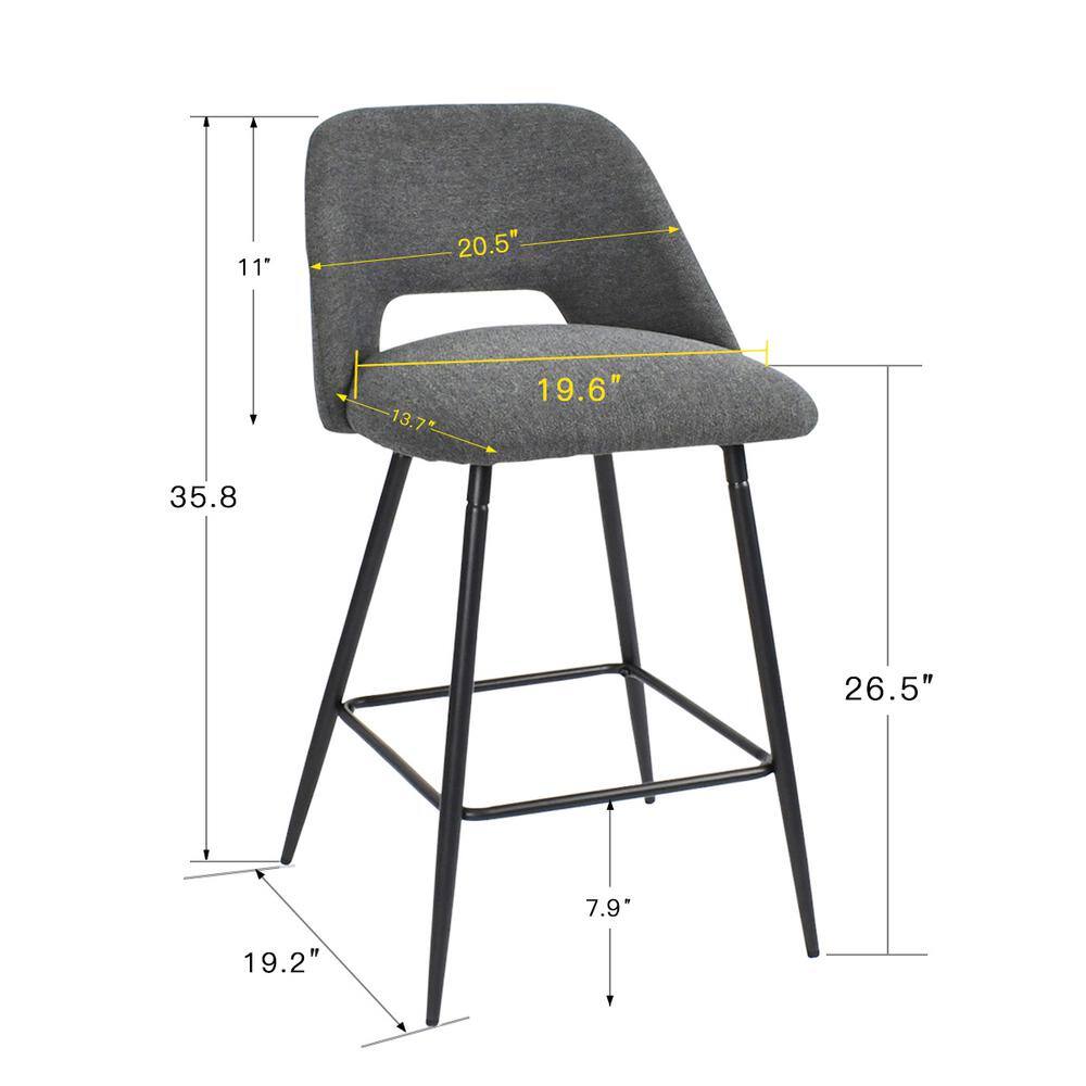 Dark Gray Upholstered Counter Height Stools with Black Metal Frame, Set of 2