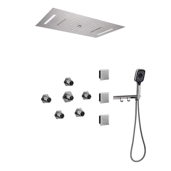 Unbranded 5 Spray 2.5 GPM 23 in. Thermostatic Celling Mount LED Rainfall Shower System with Hand-Shower in Brushed Nickel