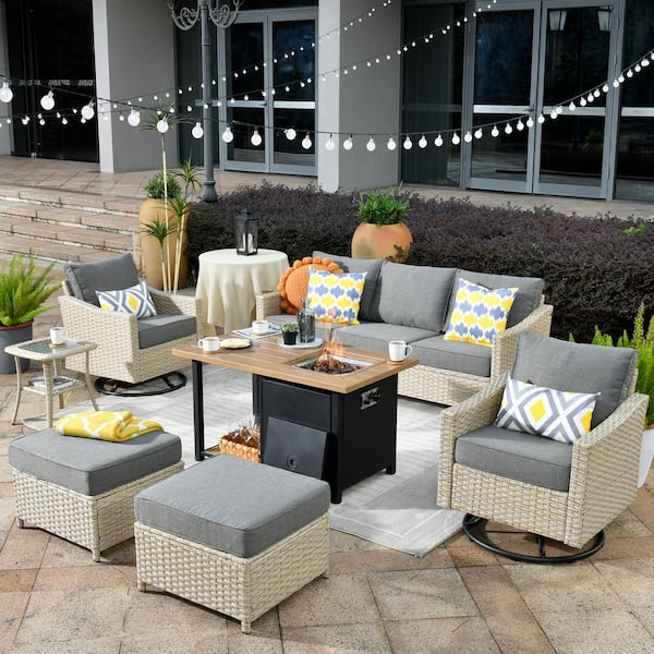 HOOOWOOO Oconee 7-Piece Wicker Patio Conversation Sofa Set with Swivel Rocking Chairs, a Storage Fire Pit and Dark Gray Cushions