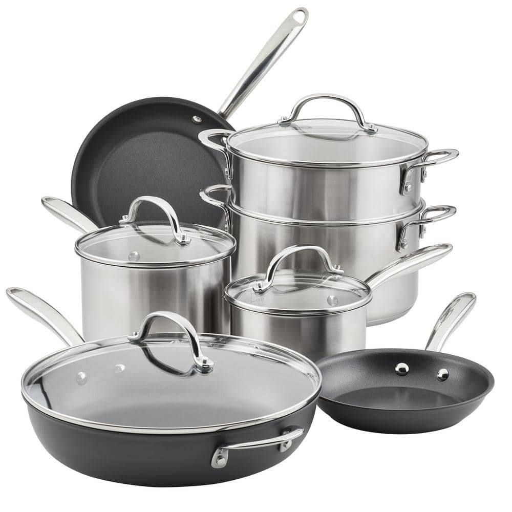 Cookware 6 Pcs Set Saucepan Steamer Pot Pans Glass Lids Stainless Steel No-Stick 