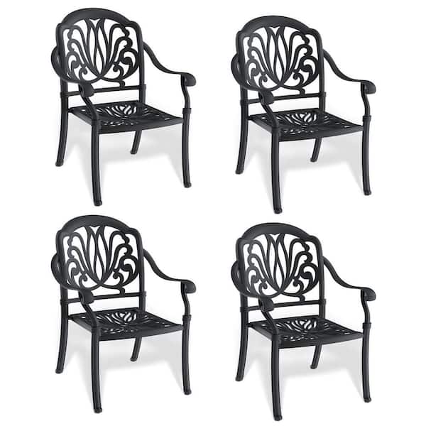 Tidoin Black Cast Aluminum Outdoor Dining Chair with Random Solid Color Cushions (4-Pack)