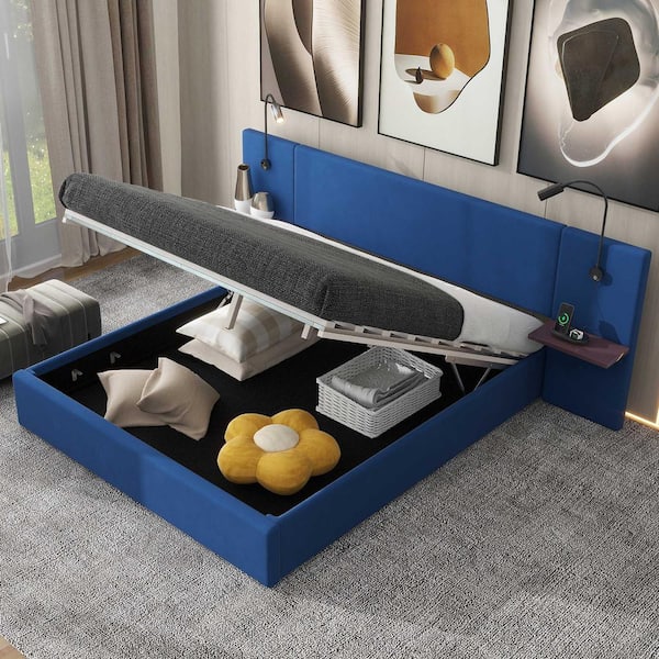 Harper & Bright Designs Blue Wood Frame Full Velvet Upholstered Platform Bed with Bedside Shelves, 2 Lights, USB Charging, Hydraulic Storage