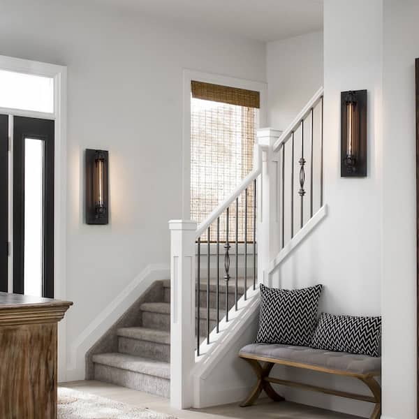 Modern Industrial Black Linear Wall Sconce, 1-Light Bathroom Vanity Light with Metal Wire Cage For Dry Areas Hallway