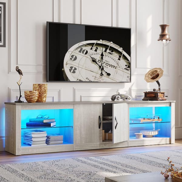 Bestier 70 in. Wash White TV Stand Fits TV's Up to 75 in. LED Entertainment Center with Adjustable Shelves and Cabinet