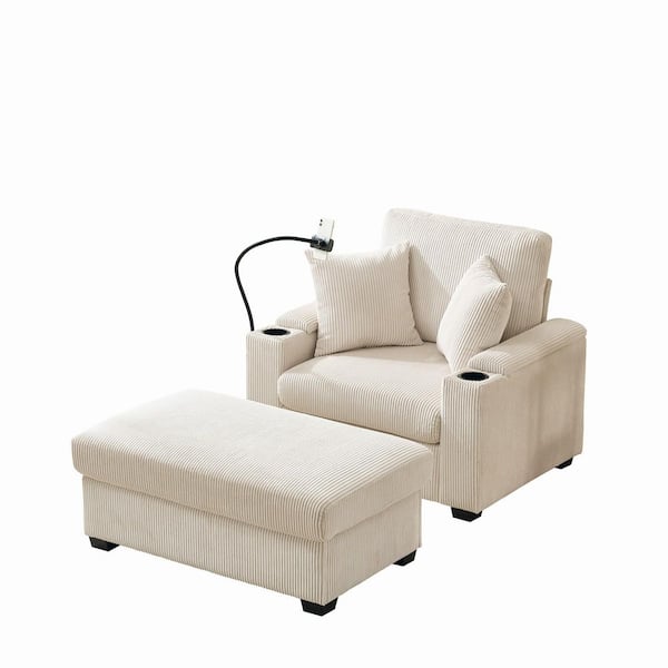 Wood Outdoor Lounge Chair with Beige Cushions, Ottoman and Storage Cup Holder, Mobile Phone Stand and USB Charging Port