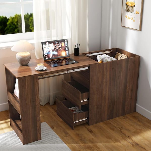 Praised 65.9 in. Rectangle Walnut Wood Writing Desk For Home Office Storage with Extendable Table