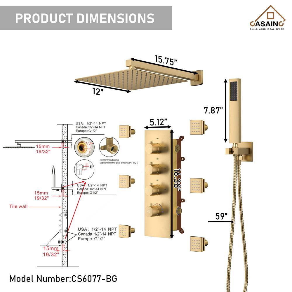 Brushed Gold Thermostatic Wall Mounted Rainfall Shower System with Body Jets