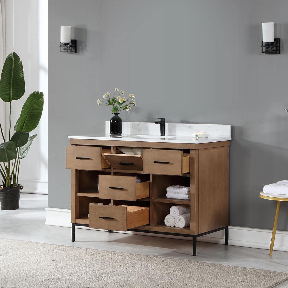 Kesia 48" Brown Pine Single Bathroom Vanity with White Stone Countertop