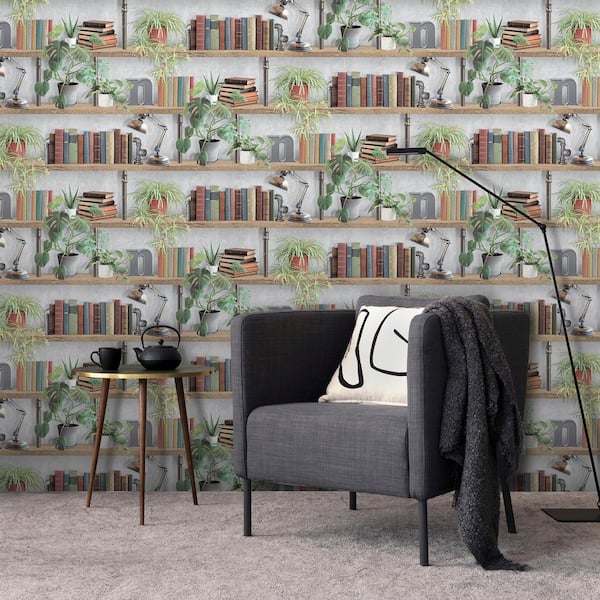 Industrial Book Nook Grey Wallpaper Sample