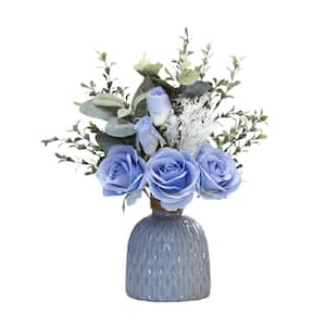 15 .3 in. Blue Artificial Roses Fake Flowers in Vase Silk Flowers, Family Banquet Party Wedding Decoration