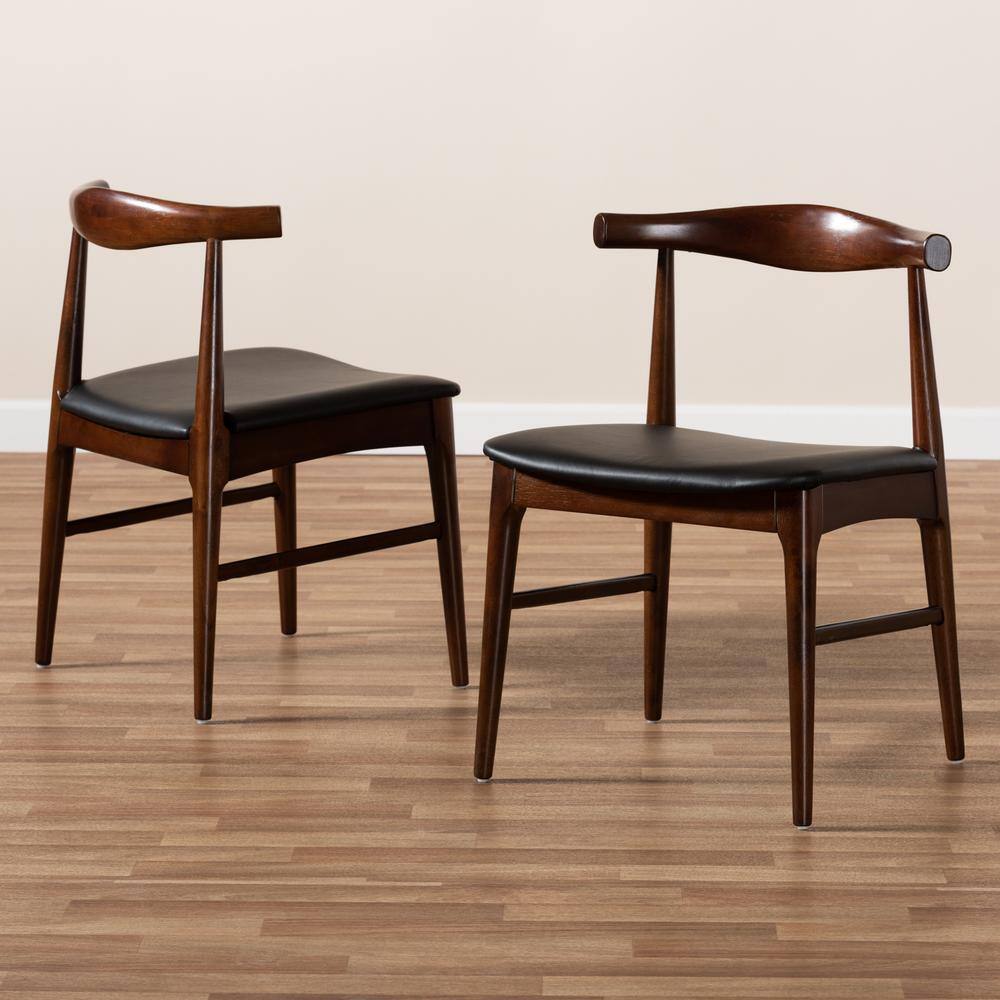 Mid-Century Modern Black Faux Leather Walnut Dining Chair Set