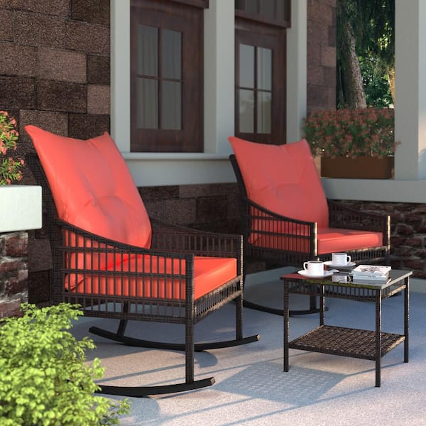 VEIKOUS 3-Piece Wicker Patio Conversation Set with Orange Cushions and Pillows
