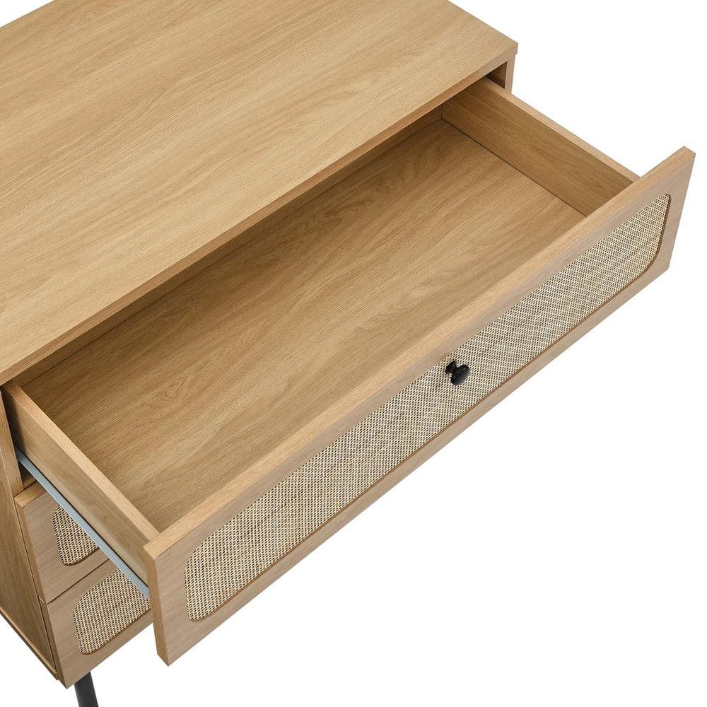 Oak and Black 3-Drawer Chest with Rattan Fronts