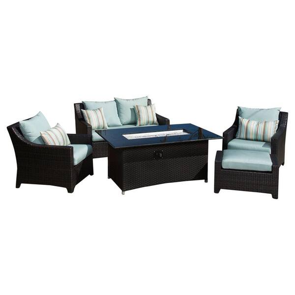 RST Brands Deco 5-Piece Wicker Patio Fire Pit Conversation Set with Bliss Blue Cushions